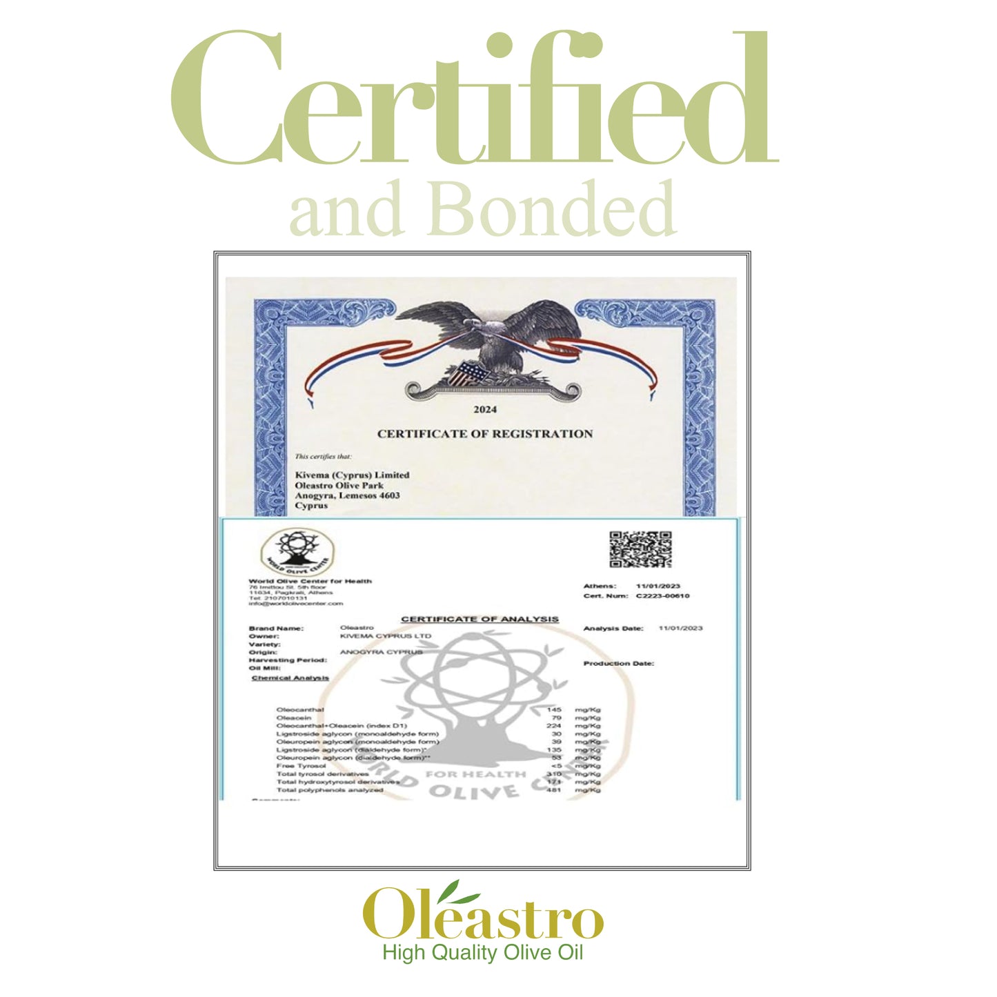 Highest polyphenol olive oil - 250ML Koroneiki Organic Olive Oil by Oleastro olive park (Cyprus)